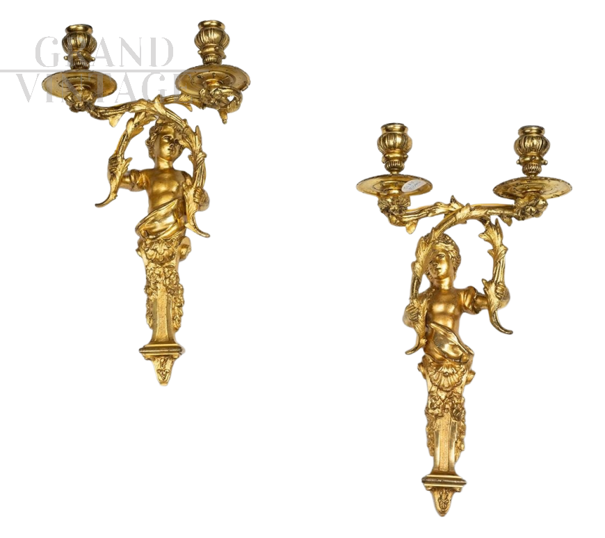 Pair of antique Napoleon III French gilt bronze wall lights