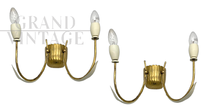 Pair of brass wall lamps attributed to Stilnovo, Italy 1950s
