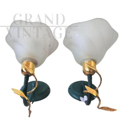 Pair of Rossini flower-shaped wall lamps in satin glass