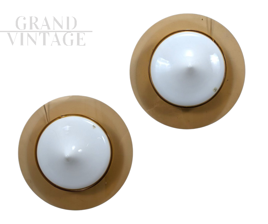Pair of round amber Murano glass wall lamps, 1970s