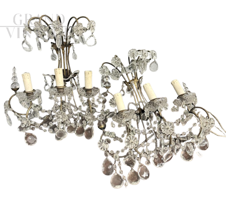 Pair of early 1900s wall lights with crystal drops