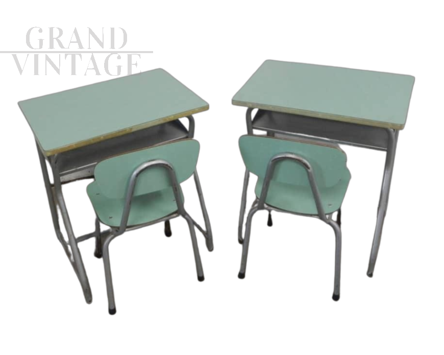 Pair of vintage school desks in green formica with chairs, 1970s