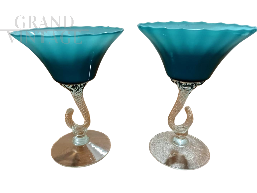 Pair of Florence bombonière glass vases from Empoli in light blue glass