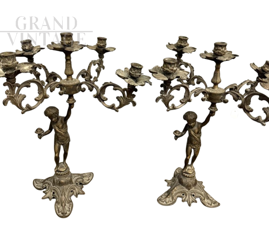Pair of 20th century five-light bronze candelabra with cherubs