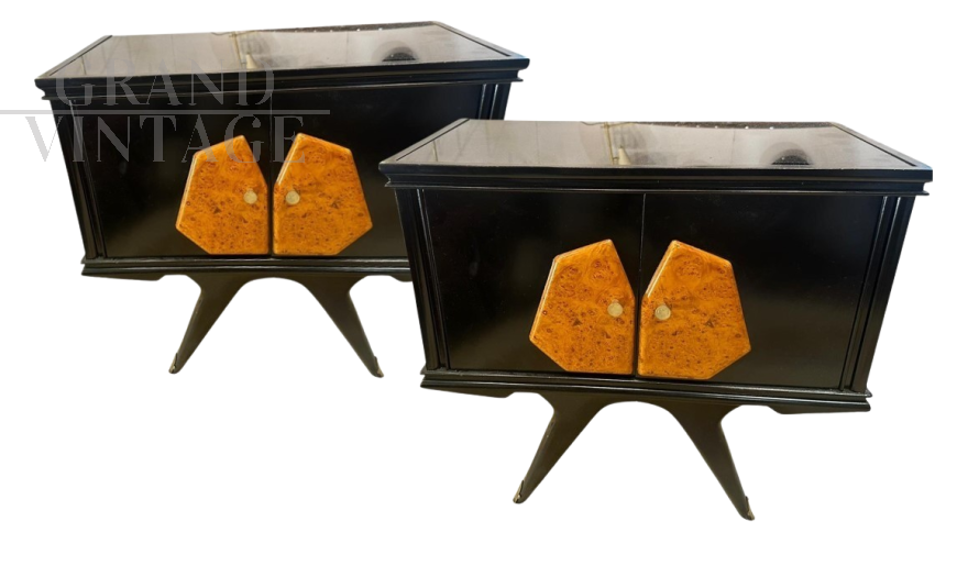 Pair of 1950s bedside tables in black lacquered wood and birch briar