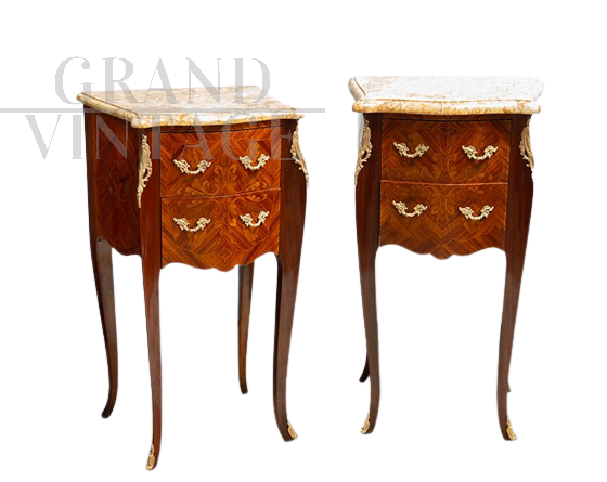 Pair of antique Napoleon III bedside tables with marble tops and bronze details                
                            