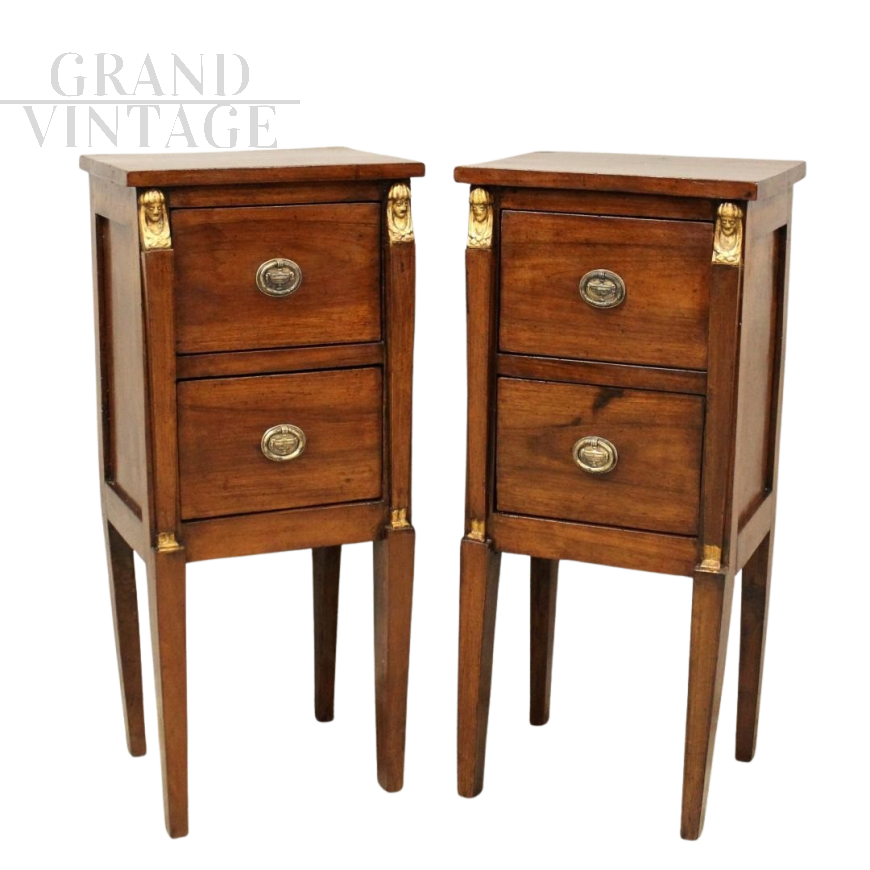 Pair of Directoire bedside tables with bronzes in Retour d'Egypte style, Italy late 18th century