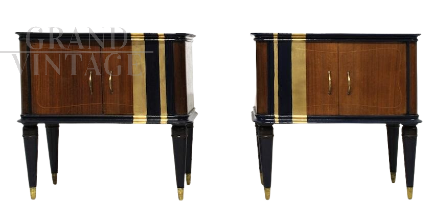 Pair of vintage 1950s wooden bedside tables with blue and gold decorations