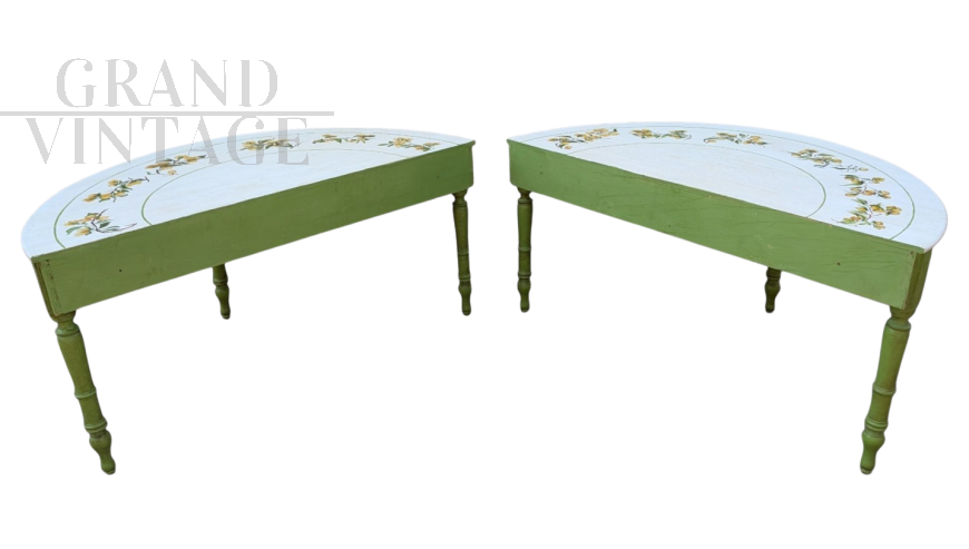 Pair of green half-moon console tables with painted tops, 1940s     