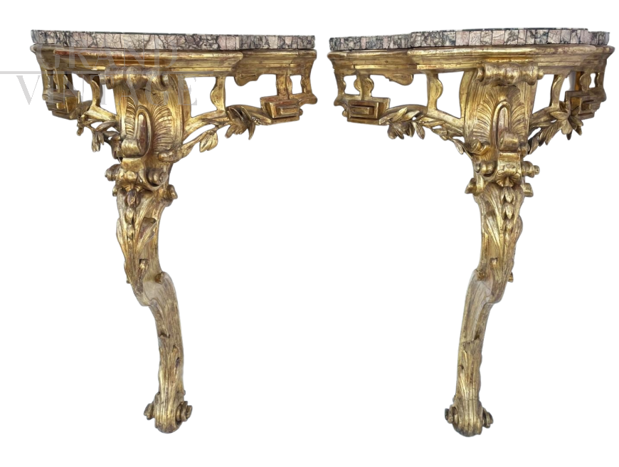 Pair of Louis XVI Baroque consoles in gilded carved wood and marble