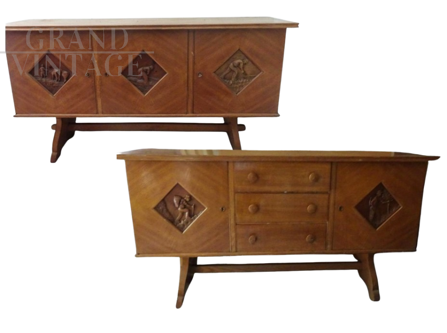 Pair of 1950s sideboards with carvings