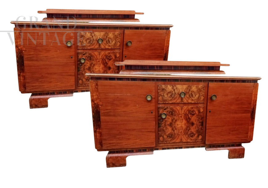 Pair of Art Deco sideboards in solid walnut and briar