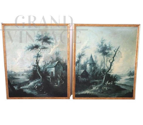 Pair of large old paintings with monochromatic landscapes, 18th century