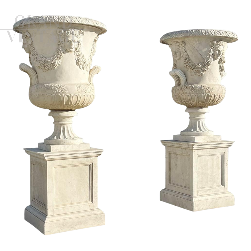 Pair of large antique style white marble garden vases