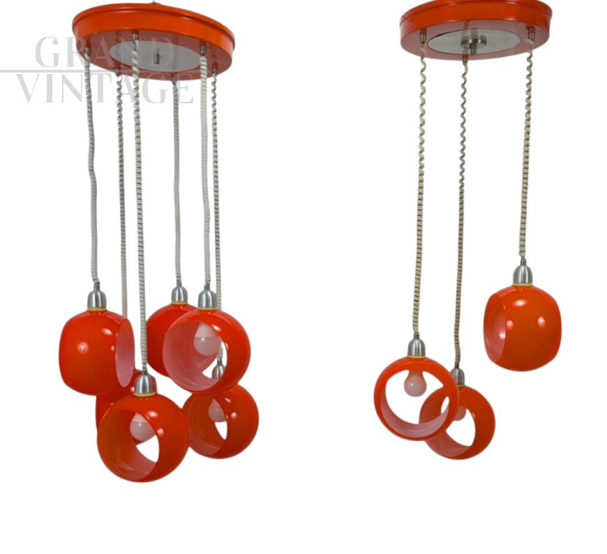 Pair of vintage orange glass pendant lamps, 1970s