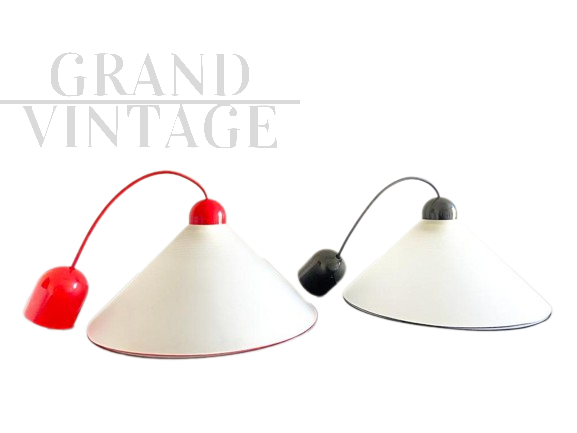 Pair of modern pendant lights in opaline glass, Italy 1970s