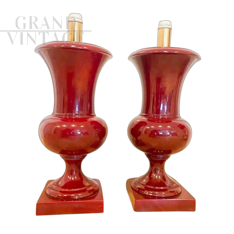 Pair of burgundy ceramic candlestick table lamps, 1970s