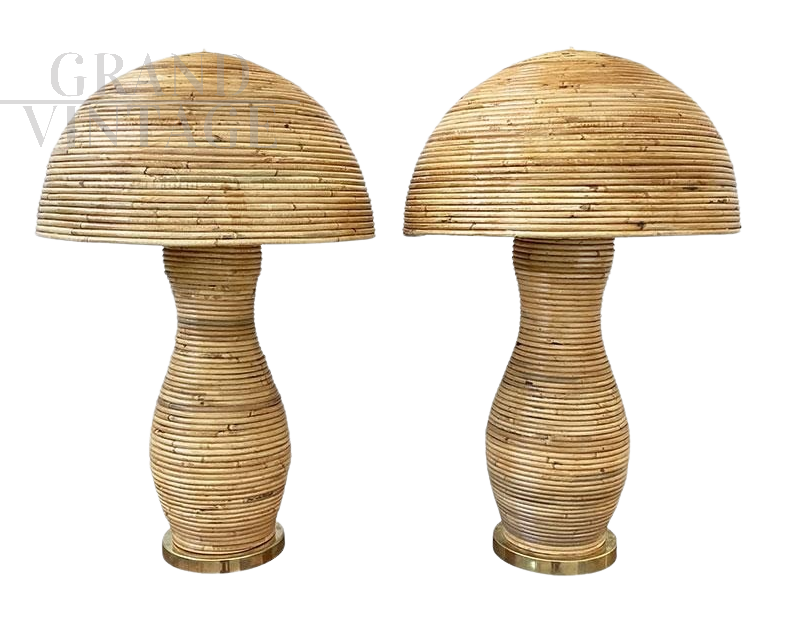 Pair of bamboo mushroom table lamps