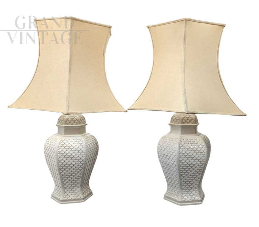 Pair of white porcelain table lamps, Italy 1960s