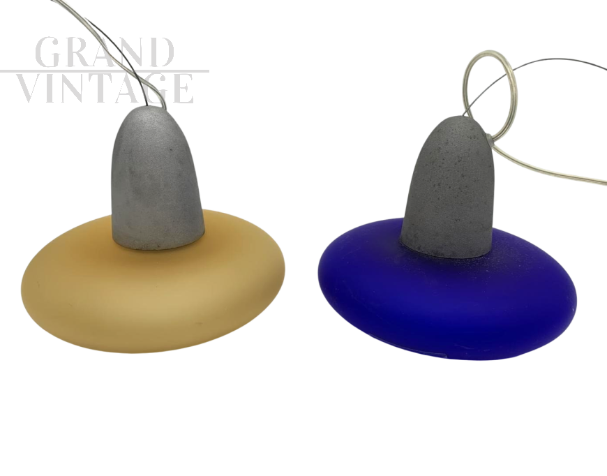 Pair of ITre pendant lights in blue and yellow Murano glass    