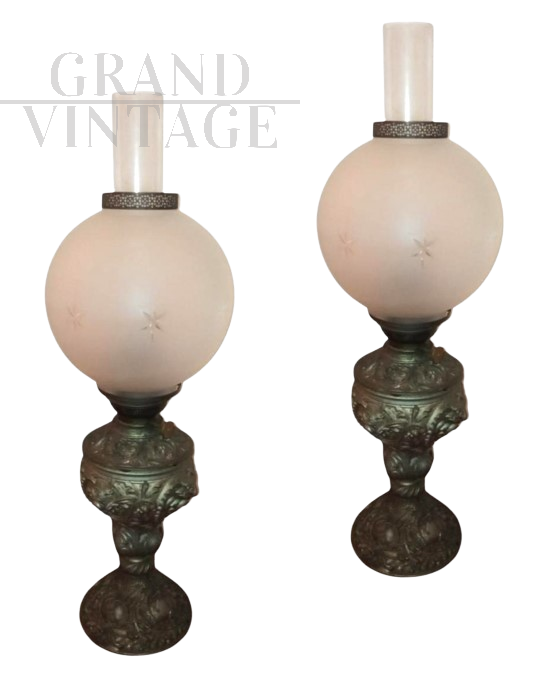 Pair of antique electrified oil lamps        