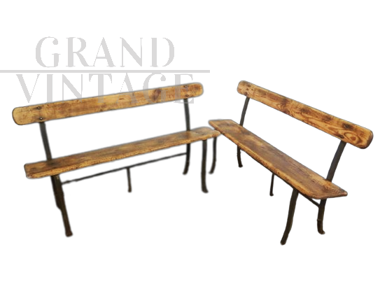 Pair of rustic wooden benches from the 1950s  