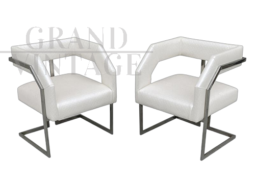 Pair of modern design armchairs in white eco-leather, late 1900s
                            