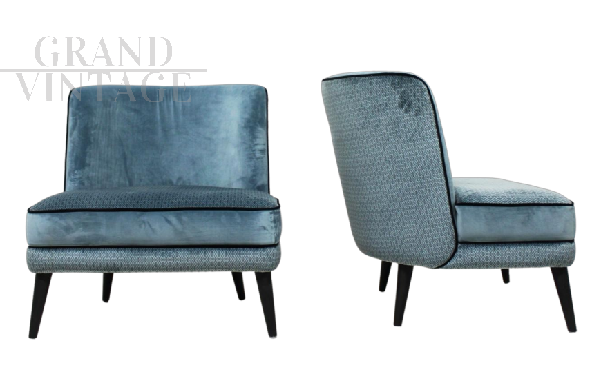 Pair of French style design armchairs in light blue velvet           
                            