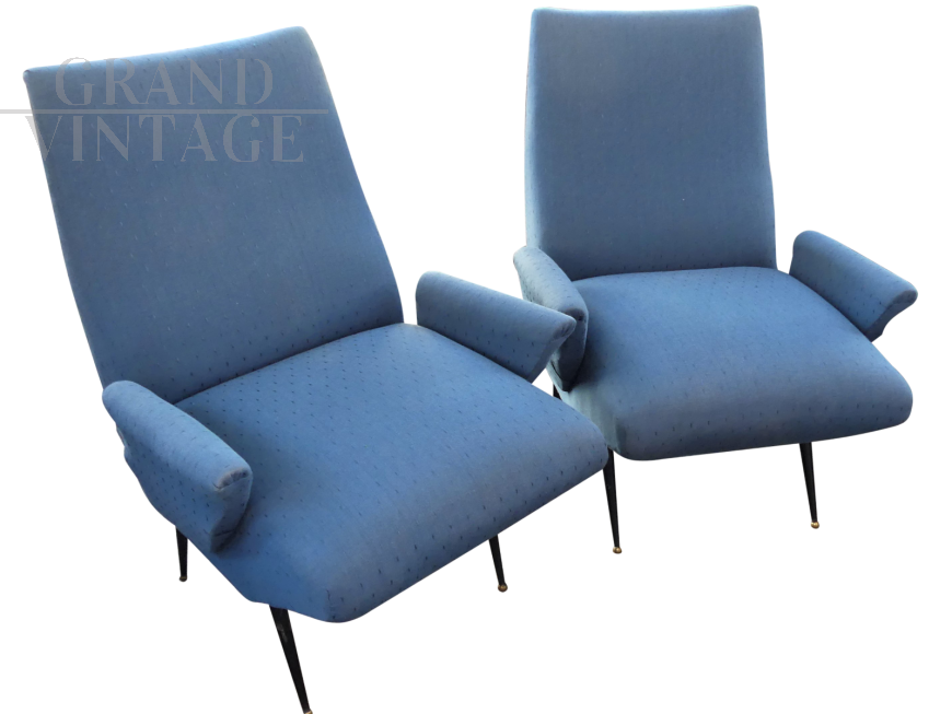 Pair of 60s armchairs in light blue cotton