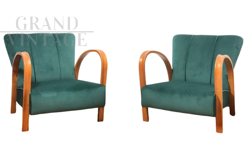 Pair of Art Deco armchairs in bent beech and green velvet