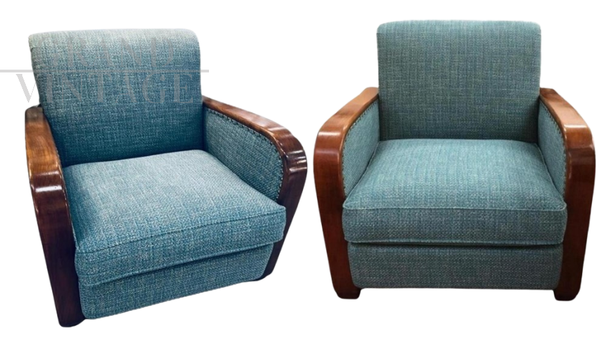 Pair of Art Deco armchairs in light blue fabric