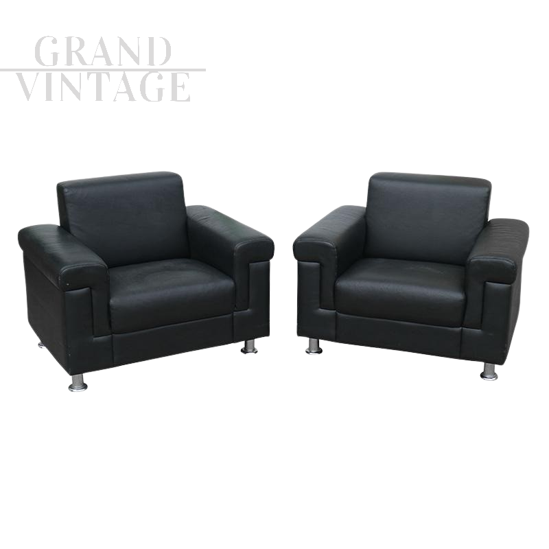 Pair of contemporary design armchairs in black leather    