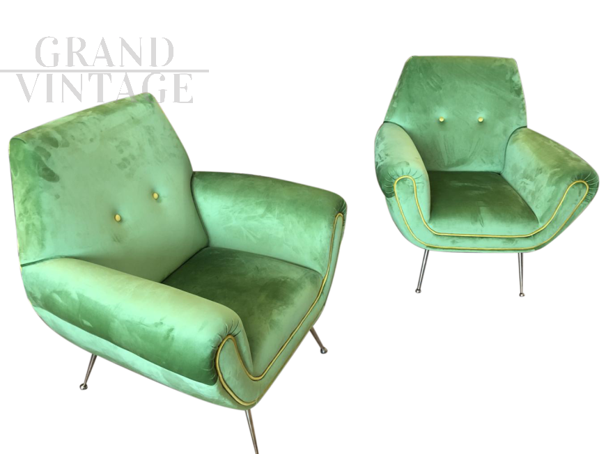 Pair of Gigi Radice style design armchairs in green velvet     