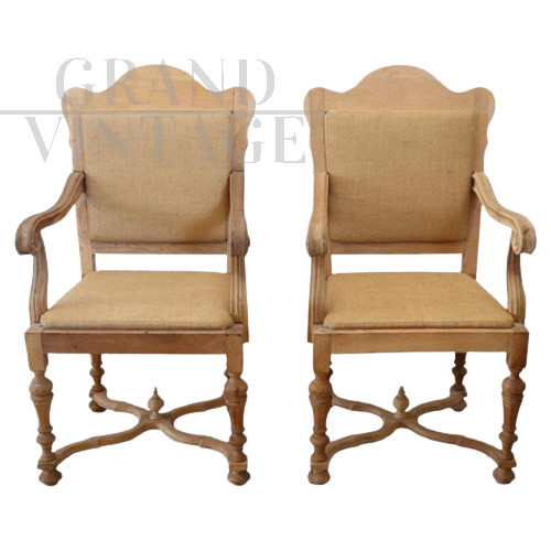 Pair of armchairs in natural poplar wood with jute seat                      
                            