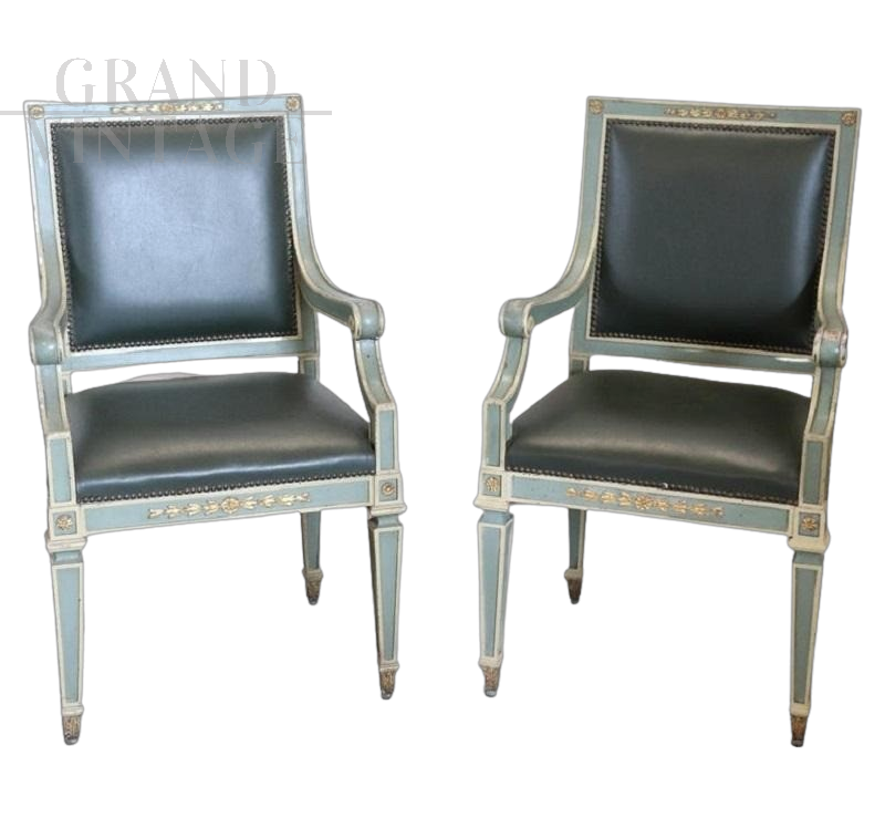 Pair of Louis XVI antique style lacquered armchairs in green skai