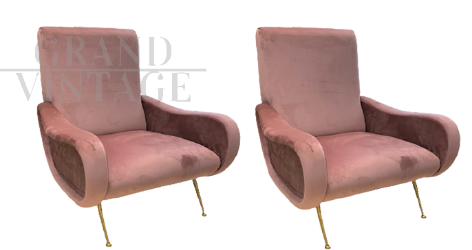 Pair of Zanuso Lady armchairs in pink velvet