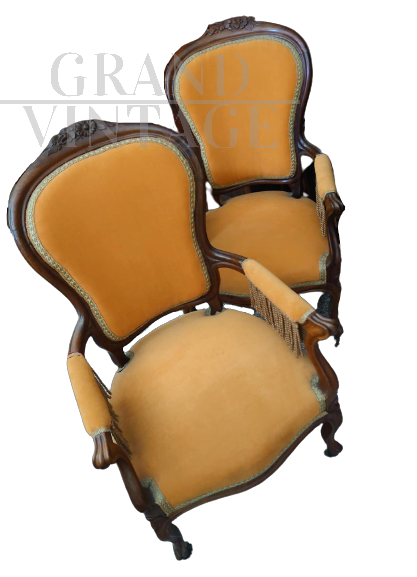 Pair of mid-19th century armchairs in orange velvet