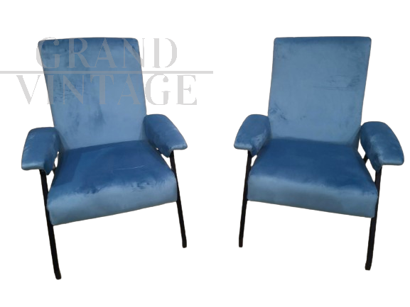 Pair of 1970s reclining armchairs in light blue velvet