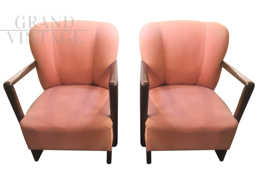 Pair of pink armchairs from the 1950s with square armrest