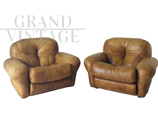 Pair of Sapporo design armchairs for Mobil Girgi in brown leather                 
                            