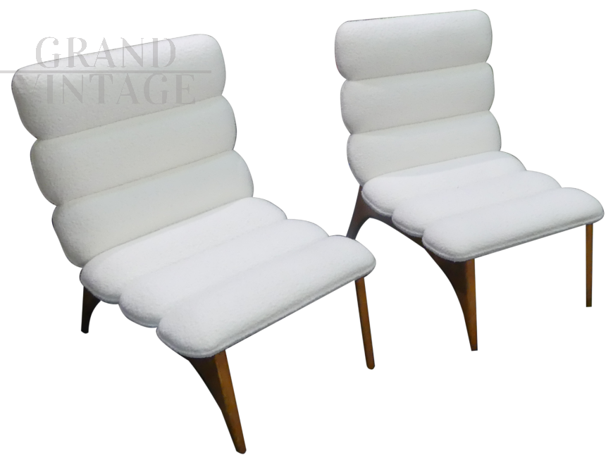 Pair of Scandinavian armchairs in white bouclé wool                          
                            