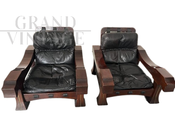 Pair of Ussaro armchairs by Luciano Frigerio in wood and black leather