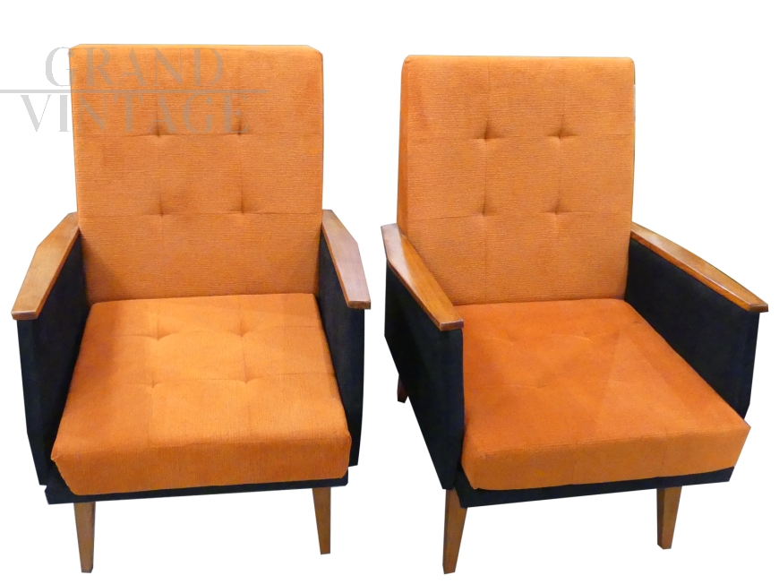Pair of vintage design armchairs in wood and orange fabric     