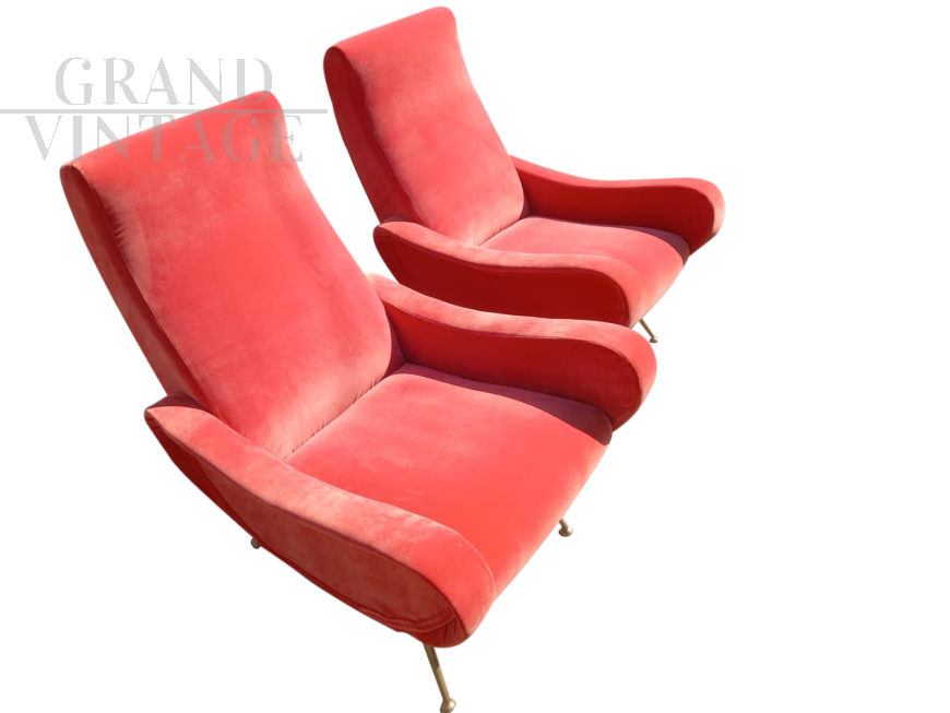 Pair of vintage Lady Zanuso style armchairs in red velvet