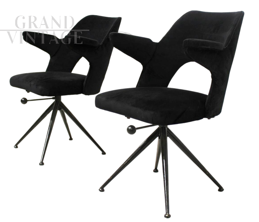 Pair of black velvet swivel design office chairs, 1970s
                            