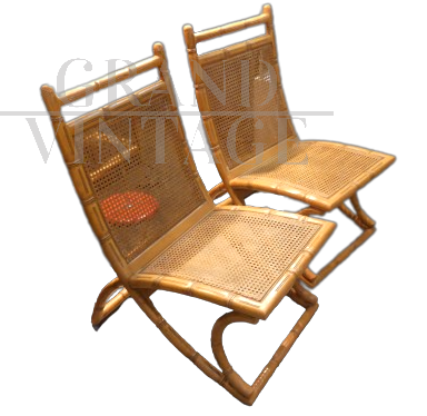 Pair of vintage chairs in bamboo-type wood and Vienna straw                            