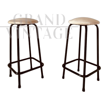 Pair of vintage beige velvet high stools, 1960s