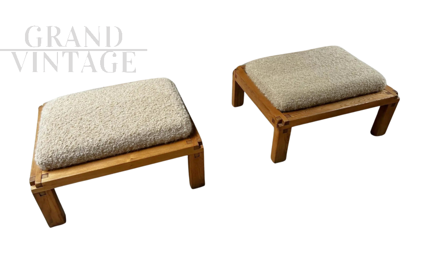 Pair of S20R ottomans by Pierre Chapo in elm and wool