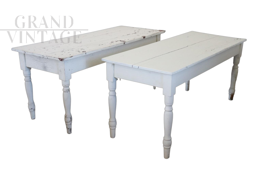 Pair of antique rustic tables in white lacquered poplar, 19th century                 
                            