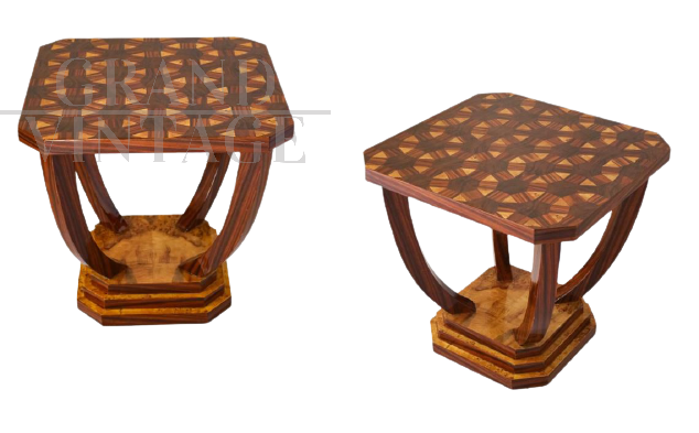 Pair of low art deco style coffee tables in veneer